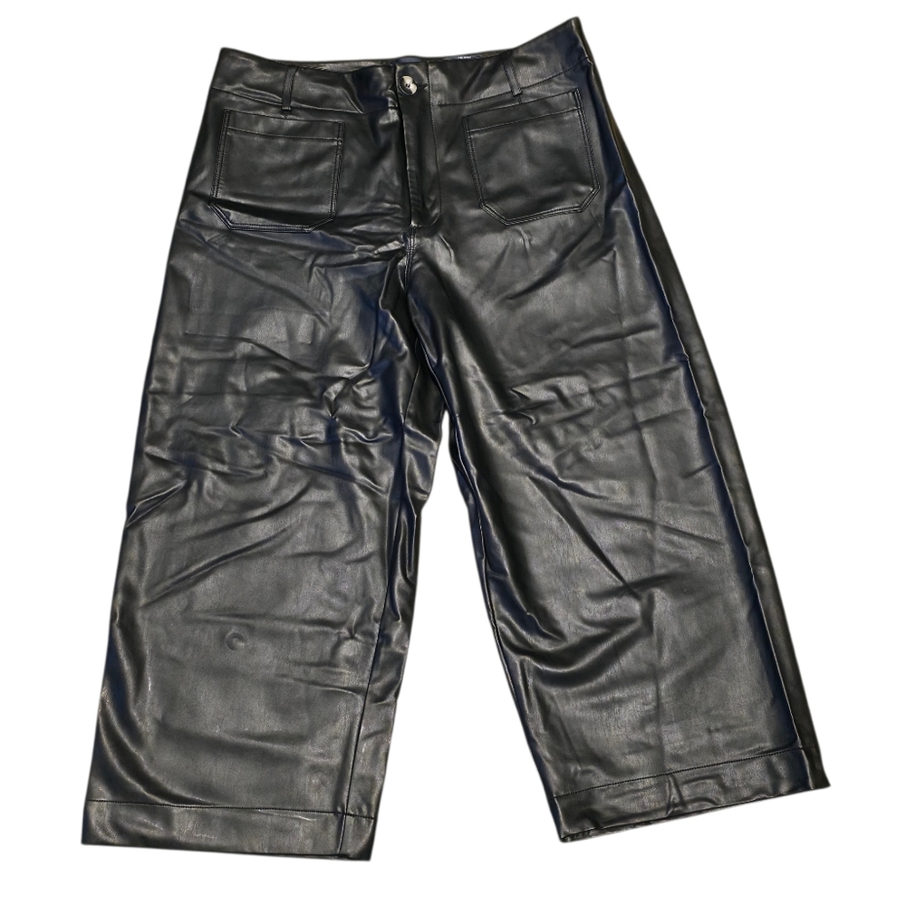 Maeve Colette Womens Black Faux Leather Pants Wide Leg Size 16W